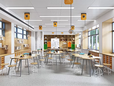 School Modern Learning Space With Wooden Tables Chairs Bookshelves Large Windows And Bright Lighting 3d model