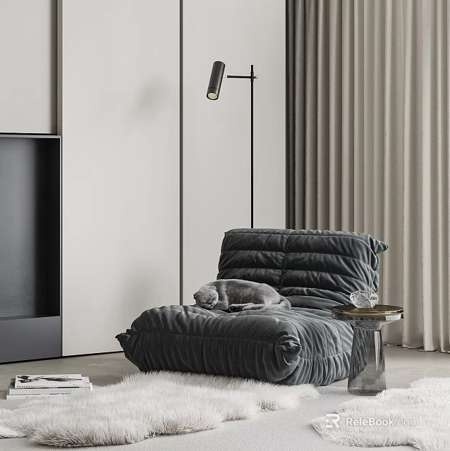Velvet Dark Gray Bean Bag Chair In Living Room With Floor Lamp And Side Table 3d model 