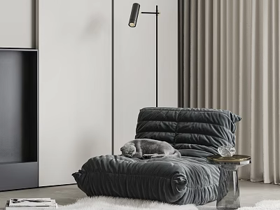 Velvet Dark Gray Bean Bag Chair In Living Room With Floor Lamp And Side Table 3d model
