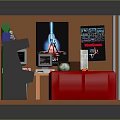 Vintage Computer Setup With Computer Desk Red Sofa Posters Bookshelf And Gaming Elements