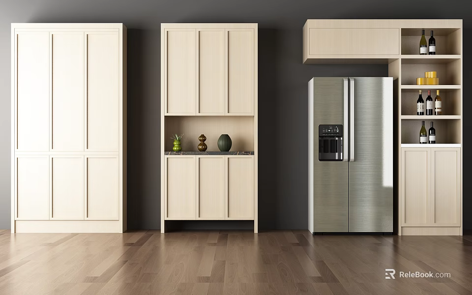Modern Wooden Wine Cabinet In Kitchen With Decorations And Wine Bottle Storage 3d model 
