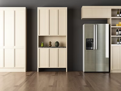 Modern Wooden Wine Cabinet In Kitchen With Decorations And Wine Bottle Storage 3d model
