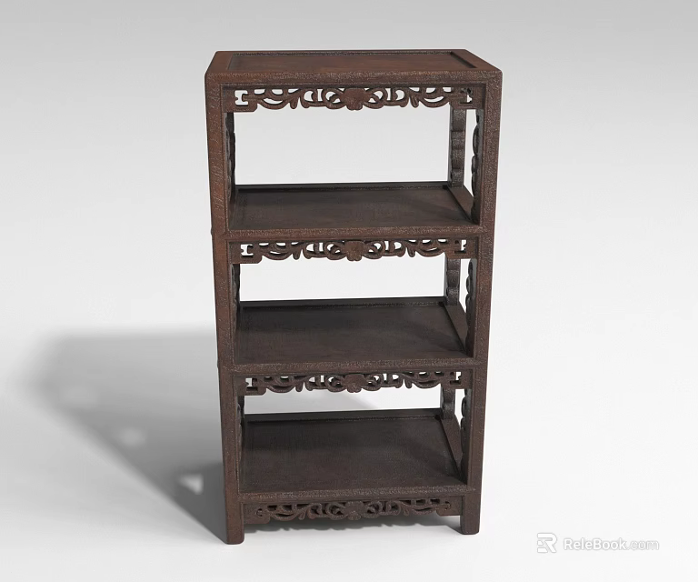 Chinese Style Dark Wood Shelf With Carved Details And Four Open Tiers 3d model 