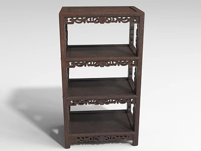 Chinese Style Dark Wood Shelf With Carved Details And Four Open Tiers 3d model