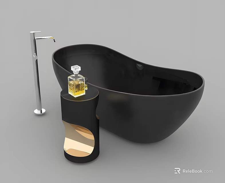 Black Bathtub With Silver Faucet And Black Side Table Holding Perfume Bottle 3d model 
