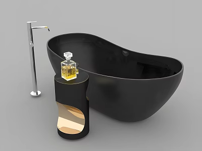 Black Bathtub With Silver Faucet And Black Side Table Holding Perfume Bottle 3d model