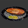 Grilled Salmon Fillet Served on Blue and White Wave Pattern Plate with Lemon Slices