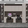 Modern Desk Interior Design With White Cabinets Two Black Chairs And Table Lamp