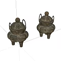 Vintage Metal Incense Burner Ornament Set with Carved Patterns Three Legs and Lids Two Piece