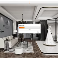 Elegant Bridal Shop Interior With White Wedding Dress Mannequin Sofa Chandelier Mirror And Rug