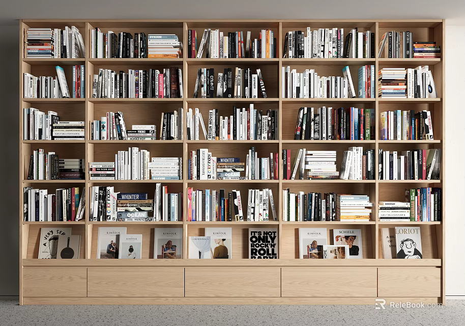 Modern Wooden Bookcase with Multi Tiered Shelves Filled with Books and Photo Frames 3d model 