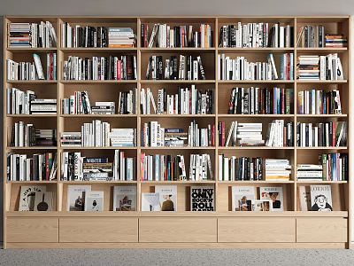 Modern Wooden Bookcase with Multi Tiered Shelves Filled with Books and Photo Frames 3d model