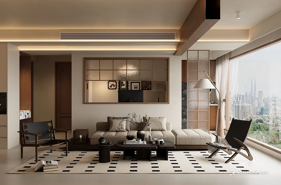 Modern Living Room Interior With Sofa Coffee Table Patterned Rug And City View Window 3d model 