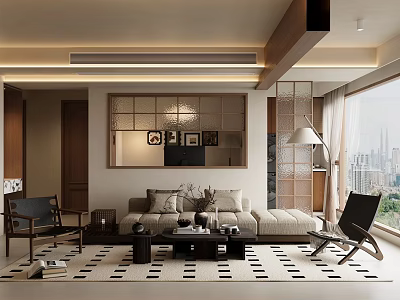 Modern Living Room Interior With Sofa Coffee Table Patterned Rug And City View Window 3d model