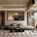 Modern Living Room Interior With Sofa Coffee Table Patterned Rug And City View Window