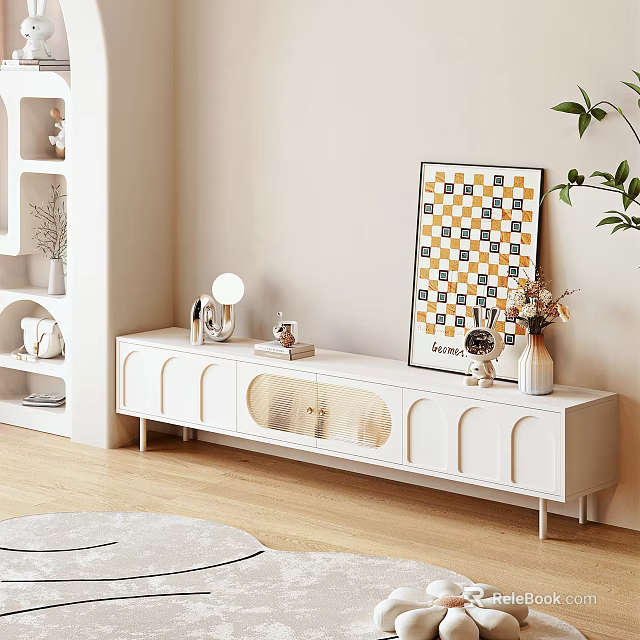 Modern White TV Stand With Curved Design And Decorative Artwork Vase Table Lamp 3d model 