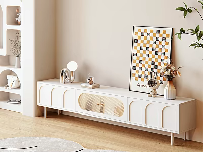 Modern White TV Stand With Curved Design And Decorative Artwork Vase Table Lamp 3d model