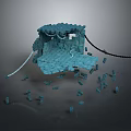 Broken Blue Block Structure With Chains And Scattered Pieces On Dark Background 3d model