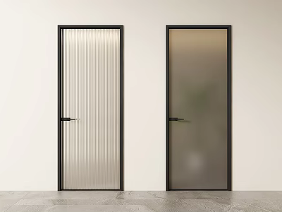 Modern Interior Hinged Doors With Black Frames Vertical Striped And Frosted Glass Panels 3d model