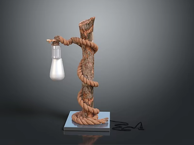 Rustic Table Lamp Featuring Tree Trunk Rope Wrap And Glass Light Bulb On Square Base 3d model