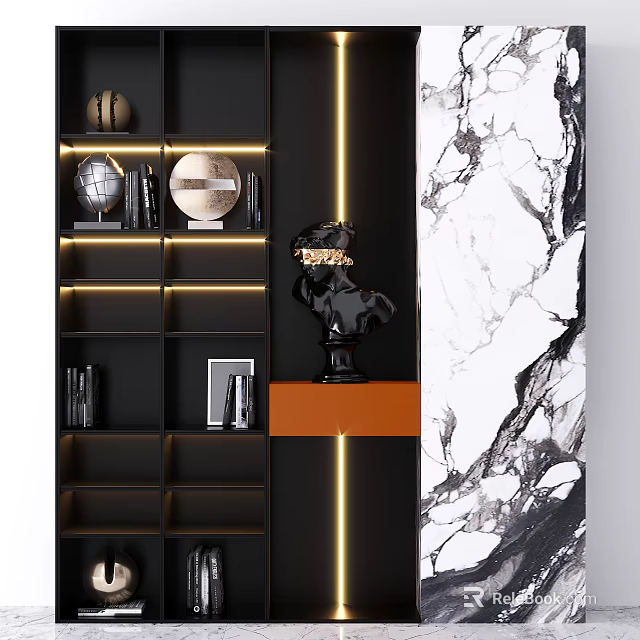 Modern Black Layered Shelving Unit with LED Lighting and Marble Wall Decorative Ornaments 3d model 