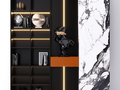 Modern Black Layered Shelving Unit with LED Lighting and Marble Wall Decorative Ornaments 3d model