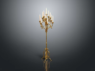 Golden Floor Standing Candelabra Lamp With Multi Branch Design And Decorative Base 3d model