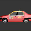Red and Yellow Taxi Sedan With Checkerboard Pattern Doors And Roof Top Sign