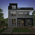 Modern Detached Villa Exterior With Large Glass Windows Balcony Garden Lawn And Stone Pathway