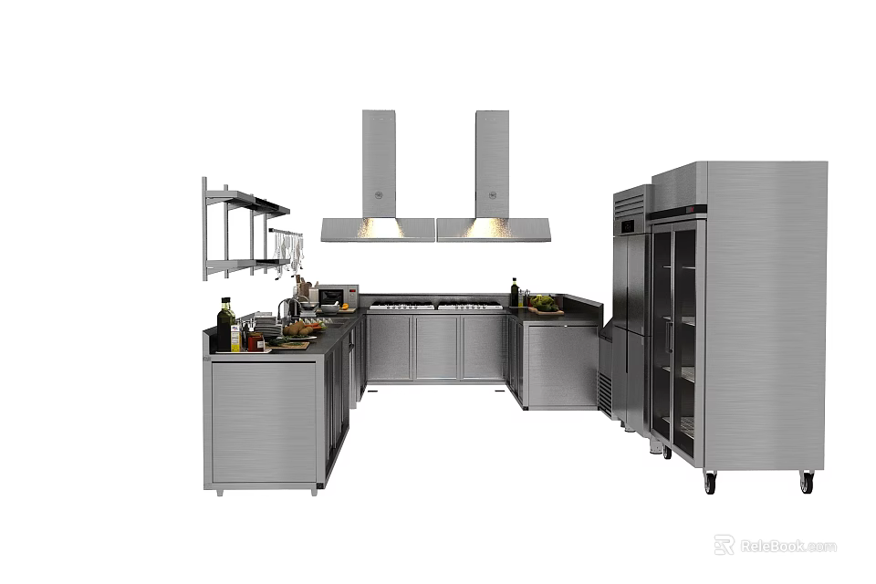 Modern Stainless Steel Kitchen Appliances With Range Hoods Cabinets And Refrigerator 3d model 