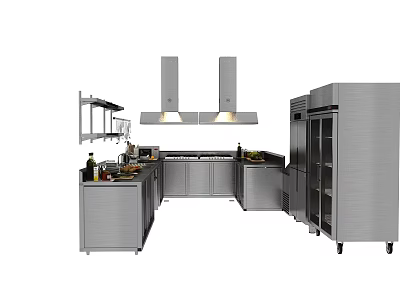 Modern Stainless Steel Kitchen Appliances With Range Hoods Cabinets And Refrigerator 3d model