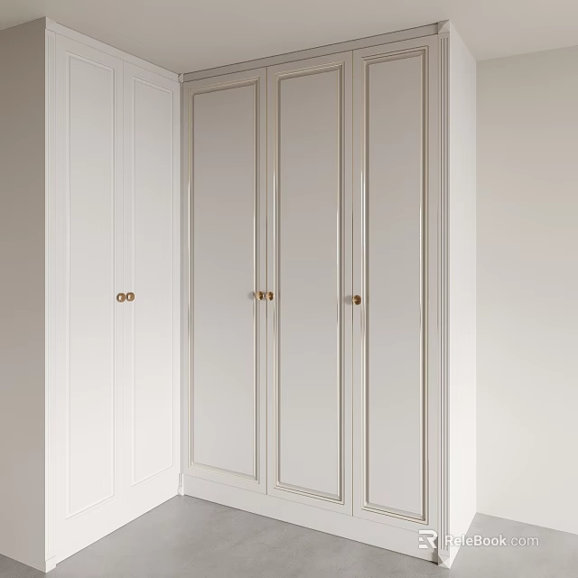 White Modern Wardrobe Featuring Multiple Doors And Gold Handles For Home 3d model