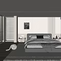Modern Bedroom Interior Design With Gray Headboard Bed Pillows Nightstands Blinds Wooden Floor And Rug