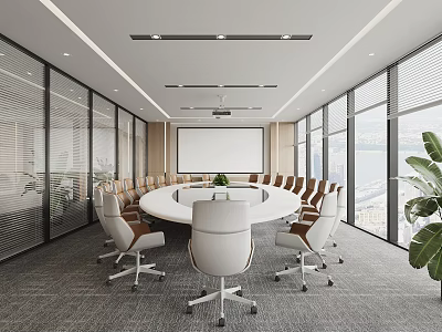 Modern Conference Room With Round Table White Chairs Projection Screen Large Windows And Green Plants 3d model