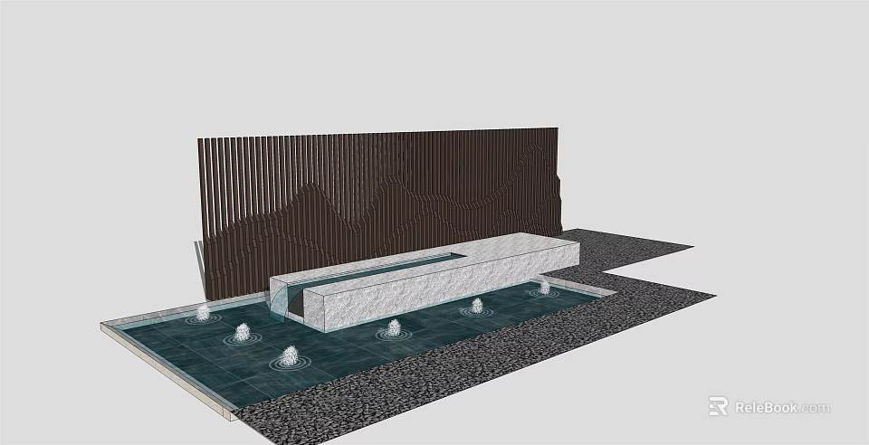 Modern Garden Wall With Vertical Slats White Stone Basin and Small Fountains on Paved Ground 3d model 