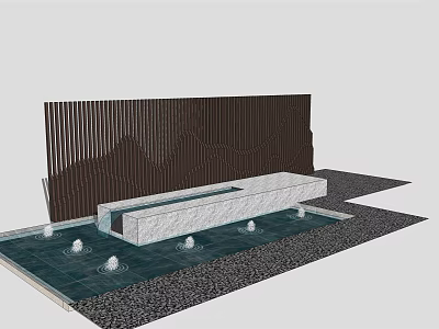 Modern Garden Wall With Vertical Slats White Stone Basin and Small Fountains on Paved Ground 3d model