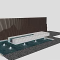 Modern Garden Wall With Vertical Slats White Stone Basin and Small Fountains on Paved Ground