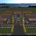Modern Red Brick School Campus Buildings With Central Square National Flag Greenery And Football Field