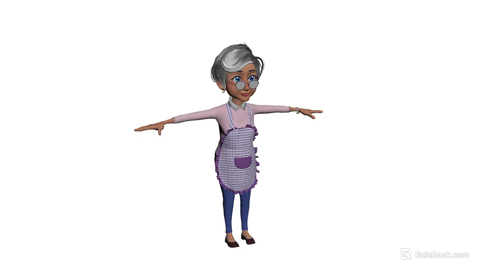 Elderly Woman With Gray Hair Wearing Glasses Pink Top Purple Apron Blue Pants Arms Outstretched 3d model 