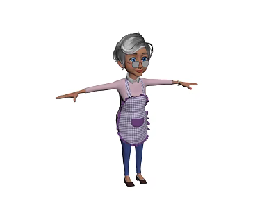 Elderly Woman With Gray Hair Wearing Glasses Pink Top Purple Apron Blue Pants Arms Outstretched 3d model