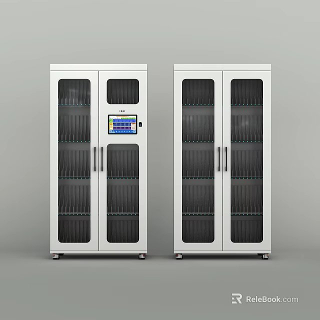 White Laboratory Storage Cabinets With Glass Doors Digital Display And Shelves 3d model 