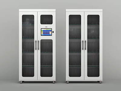 White Laboratory Storage Cabinets With Glass Doors Digital Display And Shelves 3d model
