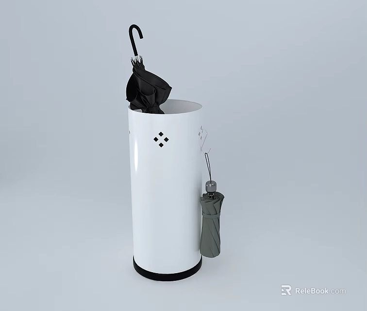 White Cylindrical Umbrella Stand With Black And Gray Umbrellas For Home Storage 3d model 