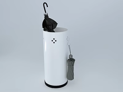 White Cylindrical Umbrella Stand With Black And Gray Umbrellas For Home Storage 3d model