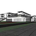 Modern School Campus Buildings With Green Playground Lush Trees And Parking Area