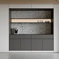 Modern Sideboard With Gray Cabinetry White Panels Wood Grain Backdrop Open Shelf And Coffee Machine