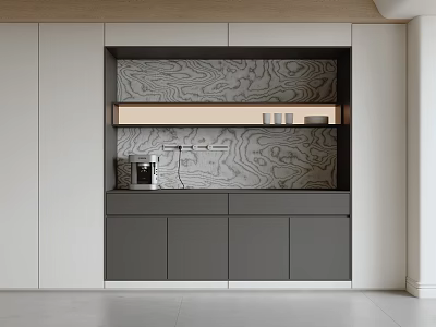 Modern Sideboard With Gray Cabinetry White Panels Wood Grain Backdrop Open Shelf And Coffee Machine 3d model