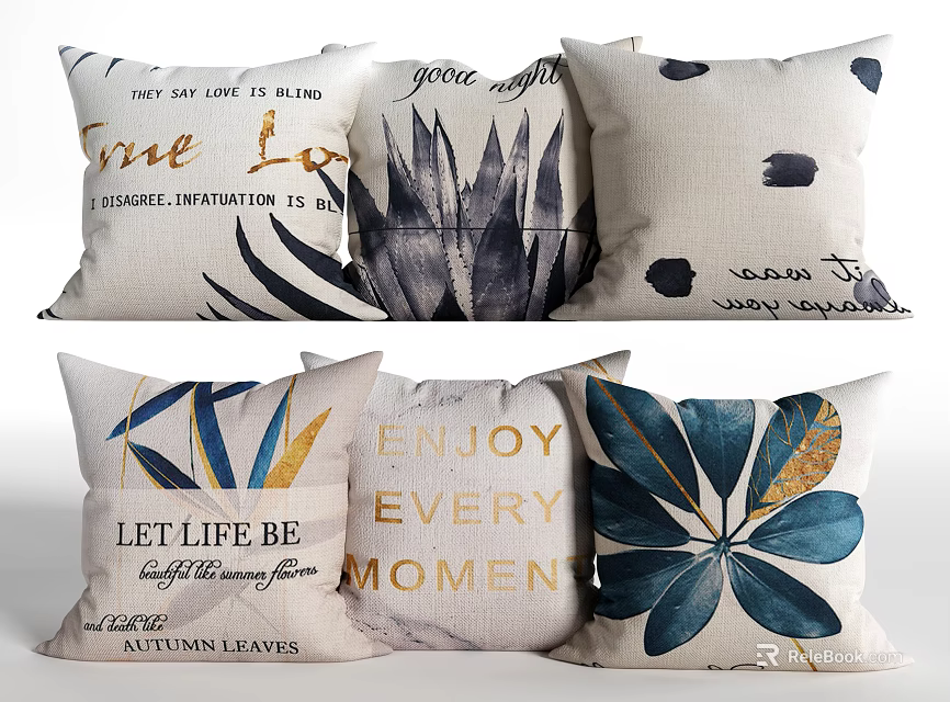 Modern Decorative Pillows With Inspirational Quotes And Leaf Patterns 3d model 