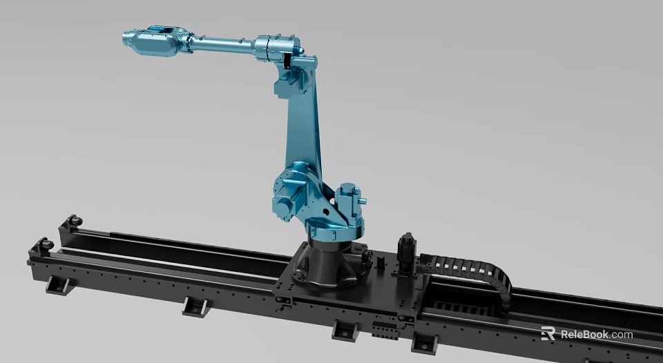 Blue Industrial Robotic Arm Mounted on Black Track System for Manufacturing Processes 3d model