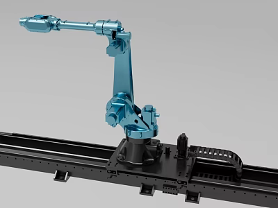 Blue Industrial Robotic Arm Mounted on Black Track System for Manufacturing Processes 3d model